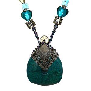 Chunky Stone Pendant Necklace Glass Green Gold Statement Heart Beads Boho